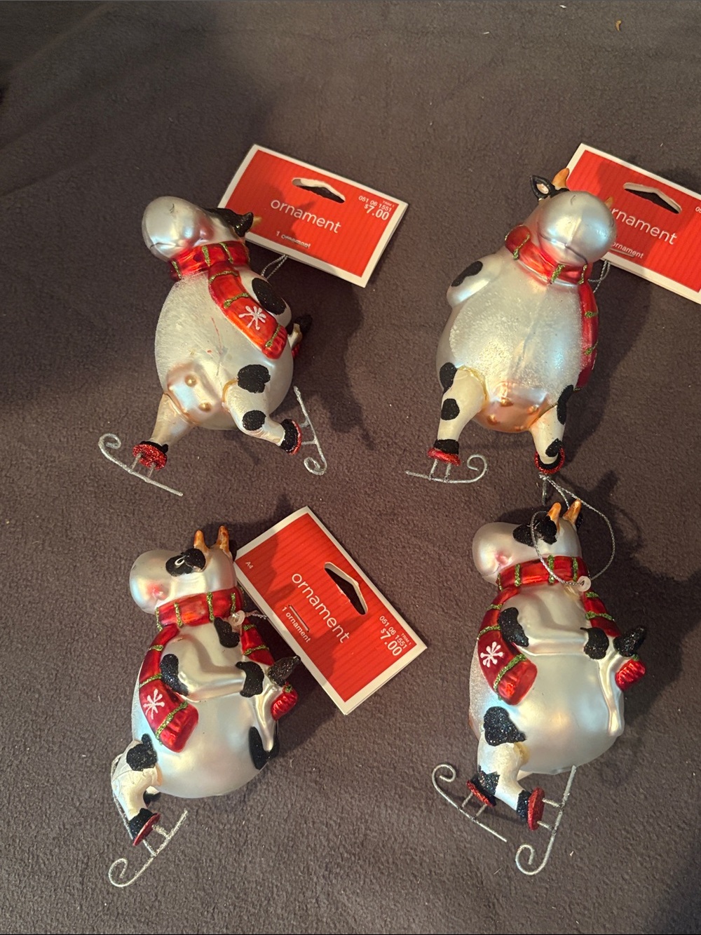 2010 skating cows ornaments set of 4 new with tags